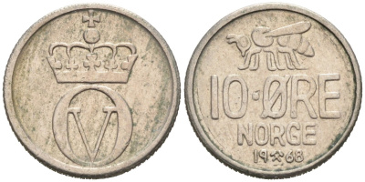 Норвегия 10 эре 1968 пчела, Улаф V (1958-1991) KM 411 медно-никель 4567-944