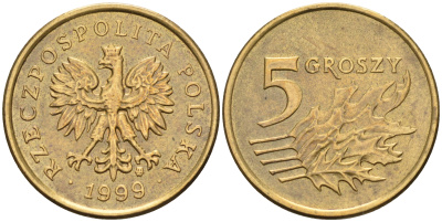 Польша 5 грошей 1999 MW KM 278, Parchimowicz 703f латунь 4136-944