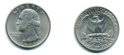 США 25 центов (квотер) 1977 Вашингтон KM A164a медь плакированная медно-никелем UNC 59-1525