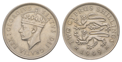 Кипр 2 шиллинга 1949 Георг VI (1936-1952), год-тип KM 32 медно-никель 5010-1424