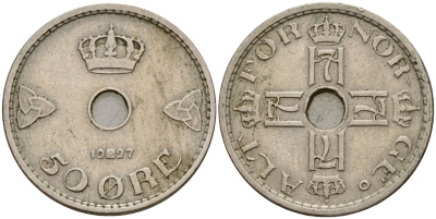 Норвегия 50 эре 1927 Хокон VII (1905-1957) KM 386 медно-никель 4152-457