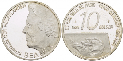 Нидерланды 10 гульденов 1995 300 лет со дня смерти Хьюго Грута, королева Беатрикс KM 220 серебро PROOF 272-145