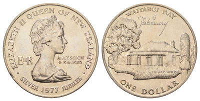 Новая Зеландия 1 доллар 1977 25 лет правления Королевы Елизаветы II и День Вайтанги KM 46 медно-никель BU 4537-822