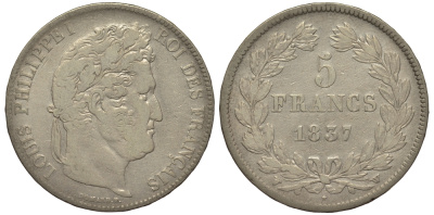 Франция 5 франков 1837 W, Луи Филипп I (1830-1848) KM 749.13 серебро 1516-1624