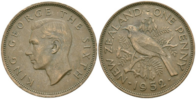 Новая Зеландия 1 пенни 1952 Георг VI (1936-1952), новозеландский туи KM 21 бронза 4542-942