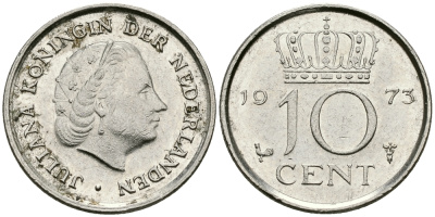 НИДЕРЛАНДЫ 10 ЦЕНТОВ 1973 ЮЛИАНА KM 182 никель 96-419