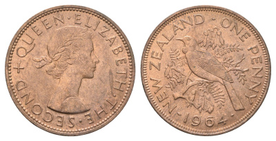 Новая Зеландия 1 пенни 1964 Елизавета II (1952-2022), новозеландский туи KM 24.2 бронза aUNC 4403-742