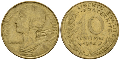 Франция 10 сантимов 1984 тип Marianne KM 929 алюминиевая бронза 4391-253