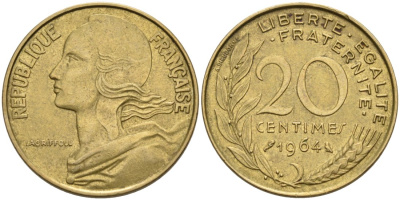 ФРАНЦИЯ 20 САНТИМОВ 1964 ТИП MARIANNE KM 930, LE FRANC 156.4 медь алюминий никель 4573-1035