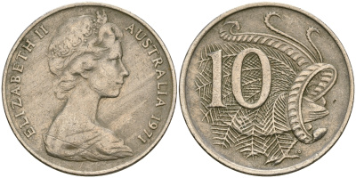 Австралия 10 центов 1971 Елизавета II (1952-), птица лирахвост KM 65 медно-никель 4364-1957