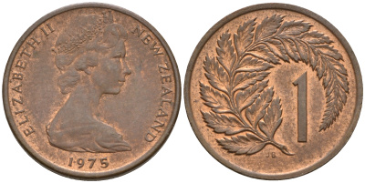 Новая Зеландия 1 цент 1975 Елизавета II, лист KM 31.1 бронза 4602-634