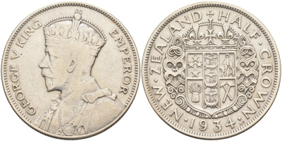 Новая Зеландия 1/2 кроны 1934 Георг V (1910-1936) KM 5 серебро 1528-1245
