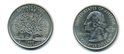 США 25 центов = квотер 1999 D, серия штаты США, Коннектикут KM 297 медь плакированная медно-никелем 4388-817