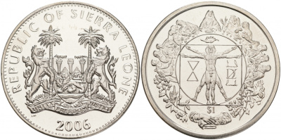 Сьерра-Леоне 1 доллар 2006 витрувианский человек, творения Леонардо да Винчи KM 110 медно-никель UNC M20-2