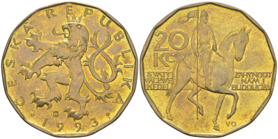 Чехия 20 крон 1993 чешский лев, герцог Вацлав на коне KM 5 сталь плакированная латунью 4529-936