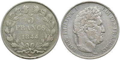 Франция 5 франков 1844 K, Луи Филипп I (1830-1848) KM 749.7 серебро 1066-6-26
