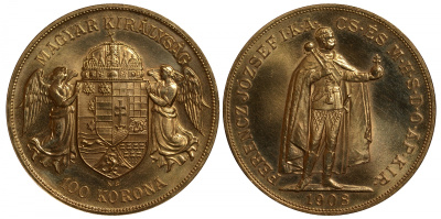 Венгрия 100 корон 1908 U.P, Император Франц Иосиф I (1848-1916), рестрайк KM 491 золото UNC 00-000-00