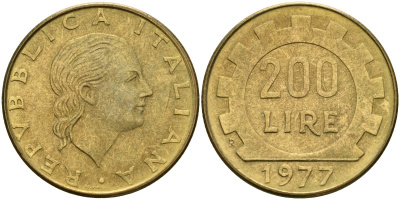 Италия 200 лир 1977 R, шестерня KM 105 алюминиевая бронза 4171-934