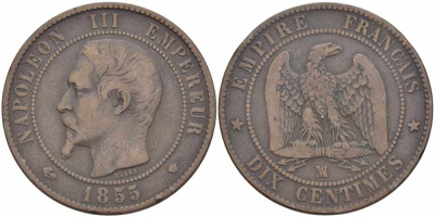 Франция 10 сантимов 1855 MA, Наполеон III (1852-1870) KM 771.6, Le Franc 133.29 бронза    4680-541