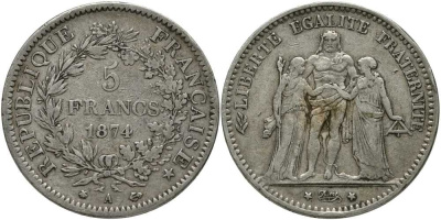 Франция 5 франков 1874 А, Геракл с богинями равенства и братства KM 820.1 серебро 633-1143