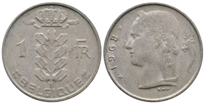 БЕЛЬГИЯ 1 ФРАНК 1968 BELGIQUE KM 142.1 медно-никель 4382-926