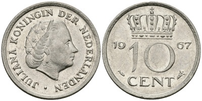 НИДЕРЛАНДЫ 10 ЦЕНТОВ 1967 ЮЛИАНА KM 182 никель 96-463