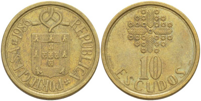 ПОРТУГАЛИЯ 10 ЭСКУДО 1986 KM 633 никель латунь 4523-535