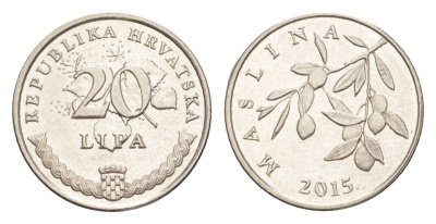 Хорватия 20 липа 2015 нечетный год KM 7 сталь плакированная никелем UNC 4379-538