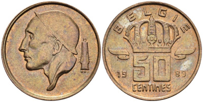 БЕЛЬГИЯ 50 САНТИМОВ 1980 BELGIE KM 149.1 бронза 4528-948