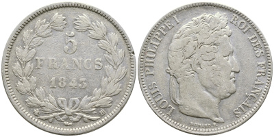 Франция 5 франков 1845 BB, Луи Филипп I (1830-1848) KM 749.3 серебро 1066-6-11