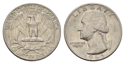 США 25 центов (квотер, 1/4 доллара) 1965 Вашингтон KM 164a медь плакированная медно-никелем 4673-1051
