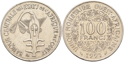 Валютное сообщество стран Западной Африки 100 франков 1991  KM 4 никель    4595-816