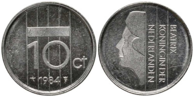 НИДЕРЛАНДЫ 10 ЦЕНТОВ 1984 БЕАТРИКС KM 203 никель 112-741
