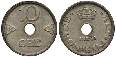 Норвегия 10 эре 1947 Хокон VII (1905-1957) KM 383 медно-никель 4549-954