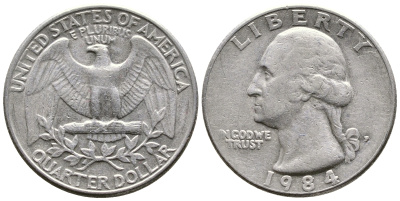 США 25 центов (квотер) 1984 P, Вашингтон KM А164а медь плакированная медно-никелем 23-133