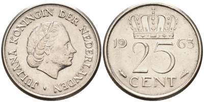 Нидерланды 25 центов 1963 Юлиана (1949-1980) KM 183 никель    4174-649