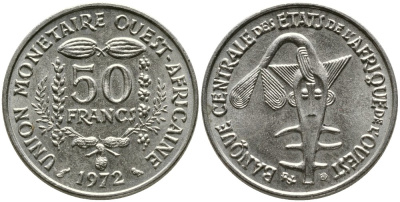 ВАЛЮТНЫЙ СОЮЗ СТРАН ЗАПАДНОЙ АФРИКИ 50 ФРАНКОВ 1972 FAO, ФЕДЕРАЦИЯ KM 6 медно-никель UNC 4538-255