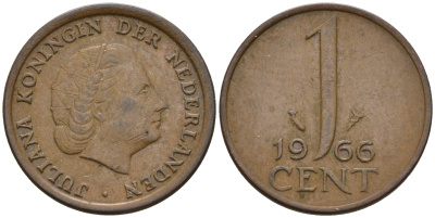 Нидерланды 1 цент 1966 Юлиана (1948-1980), малая дата КМ 180 бронза    4124-311