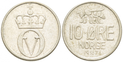 НОРВЕГИЯ 10 ЭРЕ 1971 ПЧЕЛА, ОЛАВ V (1957-1991) КМ 411 медно-никель 3955-228