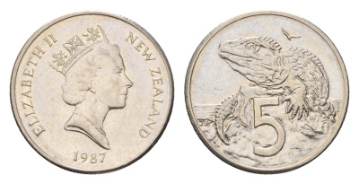 Новая Зеландия 5 центов 1987 Елизавета II (1952-2022), ящерица гаттерия KM 60 медно-никель 4655-265