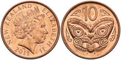 Новая Зеландия 10 центов 2011 маска Маори, Елизавета II (1952-) KM 117а сталь плакированная медью 51-554