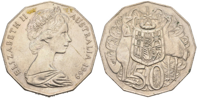 Австралия 50 центов 1969 Елизавета II (1952-2022), герб Австралии, кенгуру KM 68 медно-никель 4565-841