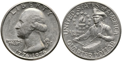 США 25 центов = квотер 1976 D, 200 лет независимости (1776-1976), Вашингтон, барабанщик KM 204 медь плакированная медно-никелем 3336-653