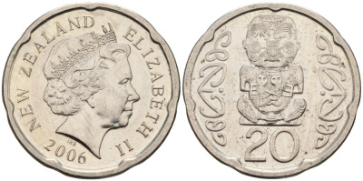 Новая Зеландия 20 центов 2006 Елизавета II (1952-2022), идол Пукаки KM 118а никелированная сталь 4579-1133