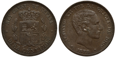 ИСПАНИЯ 10 СЕНТИМО 1878 OM, АЛЬФОНСО XII (1874-1885) KM 675 (Y70) бронза 650-1135
