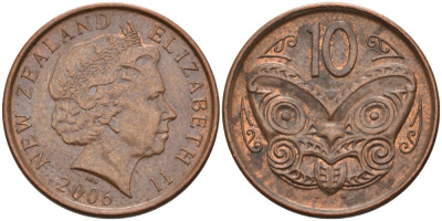 Новая Зеландия 10 центов 2006 маска Маори, Елизавета II (1952-) KM 117а сталь плакированная медью 186-422