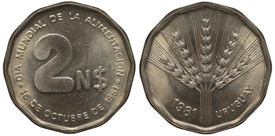 Уругвай 2 новых песо 1981 FAO, продовольственная программа KM 77 медь никель цинк UNC M22-20