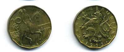 Чехия 20 крон 1993 чешский лев, герцог Вацлав на коне KM 5 сталь плакированная латунью 35-532