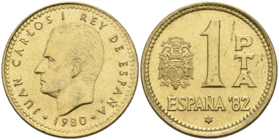 Испания 1 песета 1980 (81) чемпионат мира по футболу 82, Хуан Карлос I (1975-2001) KM 816 алюминиевая бронза 4571-1117