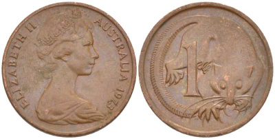 Австралия 1 цент 1973 Елизавета II (1952-2022), молодой портрет, опоссум KM 62 бронза 100-763